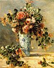 Delft Canvas Paintings - Les roses et jasmin dans le vase de Delft